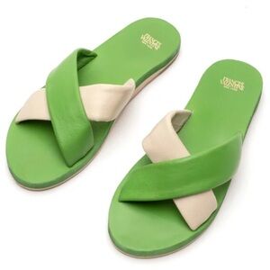 Frances Valentine Criss Cross Cloud Slide Sandals Green Cream‎ 11